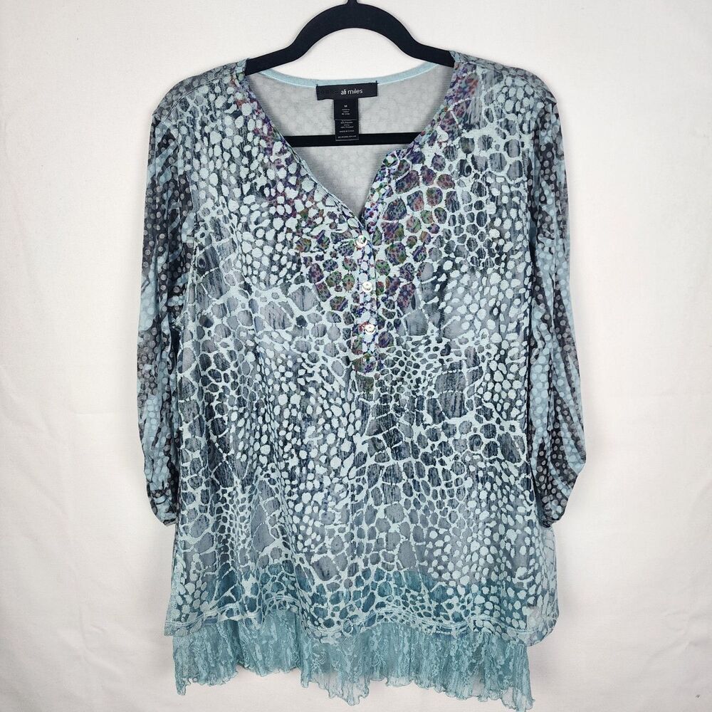 Ali Miles Blue Tunic Top Lace Hem Roll Tab Sleeves Size Medium Lagenlook Artsy